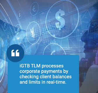 iGTB TLM processes corporate payments by checking client balances and limits in real-time